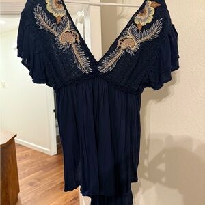 Free People Dark Blue Floral Embroidered Blouse